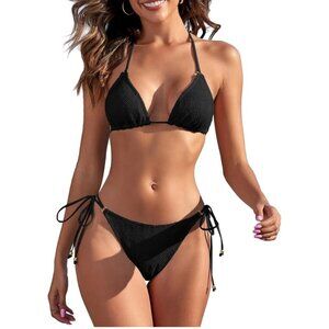 Womens Med Black Triangle Bikini Set With Adjustable Halter & Tie-Side Bottoms